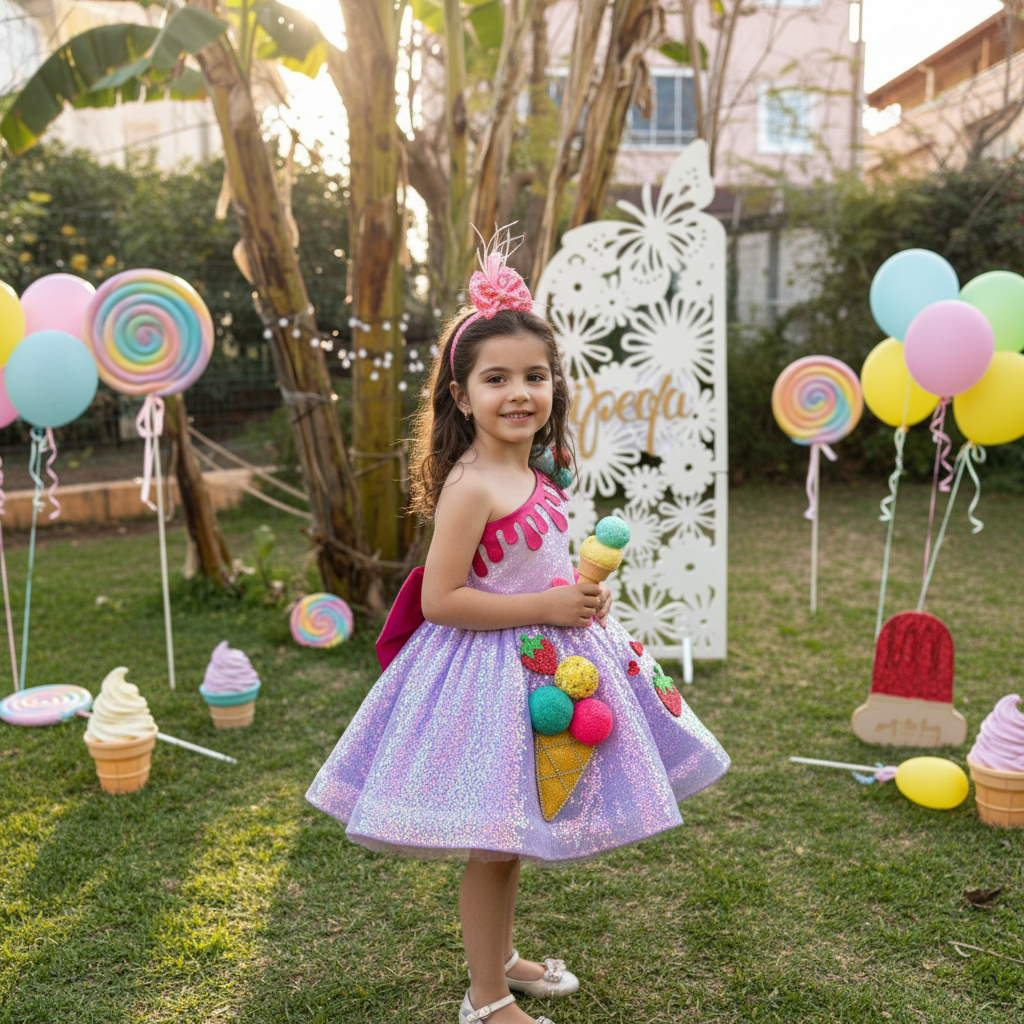 Dondurma Temalı Kız Çocuk Abiye - Bebek Parti Kostümü - ipeqakids
