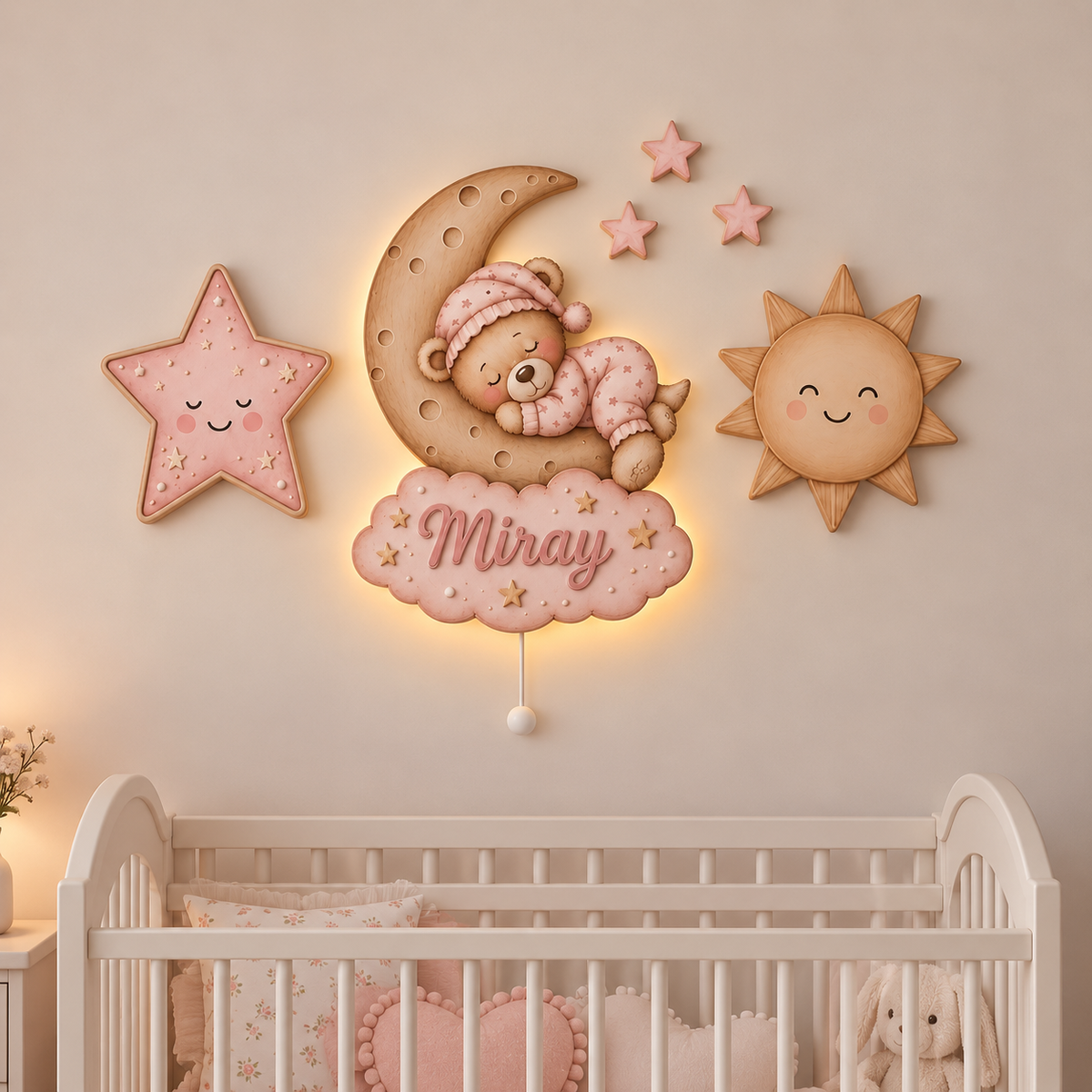 Kişiye Özel İsimli Pembe Uyuyan Ayıcık 6'lı LED Ahşap Gece Lambası Seti