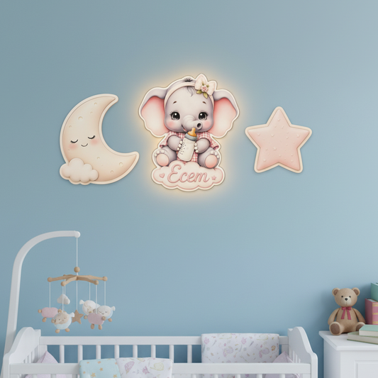 Kişiye Özel İsimli Fil 3’lü LED Ahşap Gece Lambası