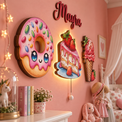 Kişiye Özel İsimli Pasta 4'lü LED Ahşap Gece Lambası