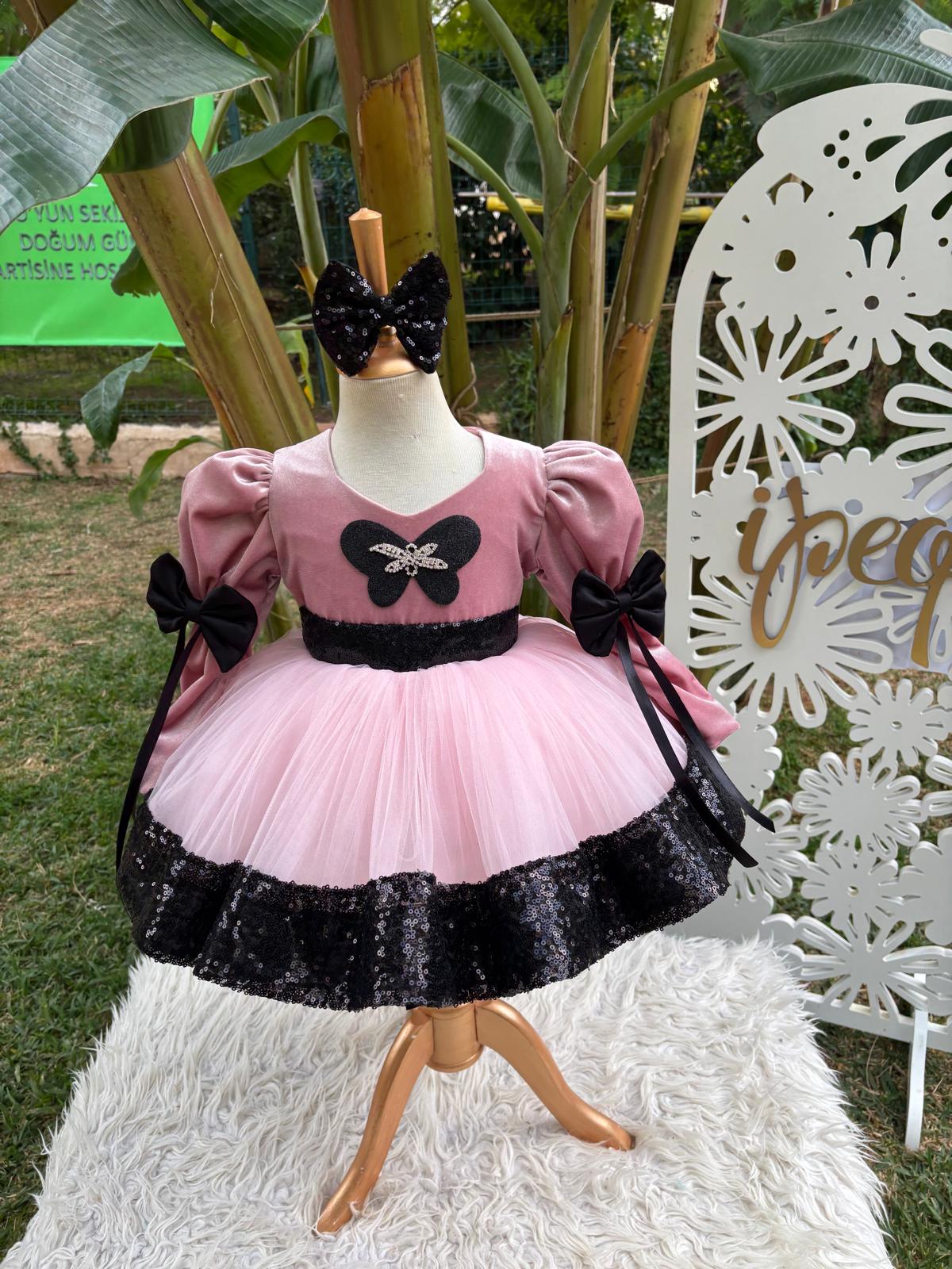 Pudra Kadife ve Payetli Kız Çocuk Abiye - Bebek Doğum Günü Elbisesi - ipeqakids – kız çocuk elbisesi