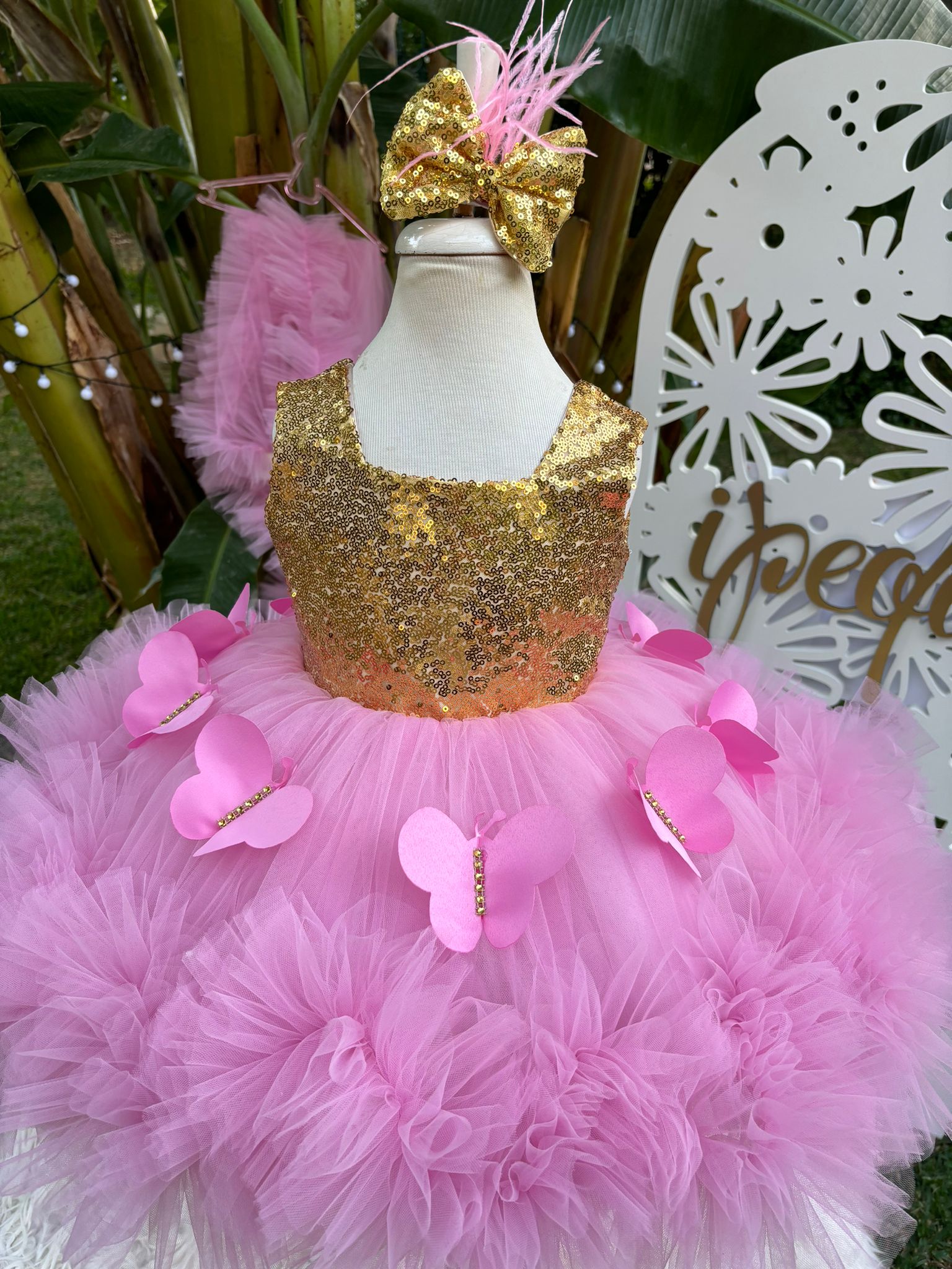 Pembe ve Altın Kız Çocuk Abiye - Bebek Doğum Günü Elbisesi - ipeqakids – kız çocuk elbisesi