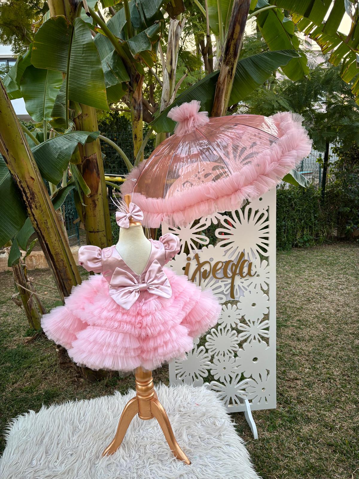 Pudra Pembe Tüllü Gipürlü Kız Çocuk Abiye - Bebek Parti Kostümü - ipeqakids – kız çocuk elbisesi