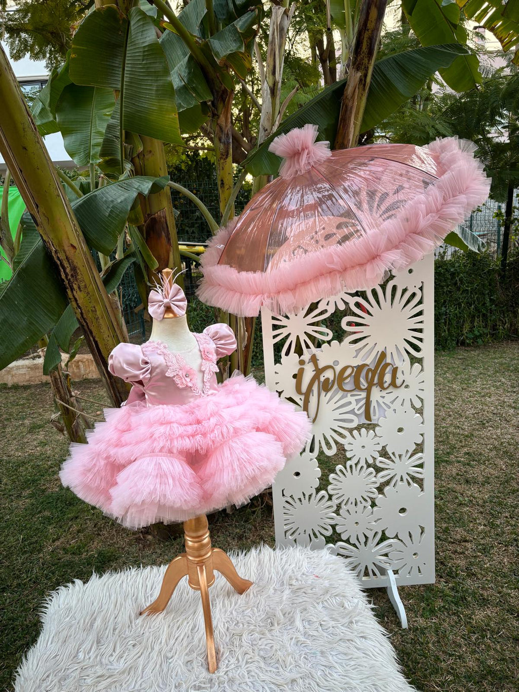 Pudra Pembe Tüllü Gipürlü Kız Çocuk Abiye - Bebek Parti Kostümü - ipeqakids – kız çocuk elbisesi