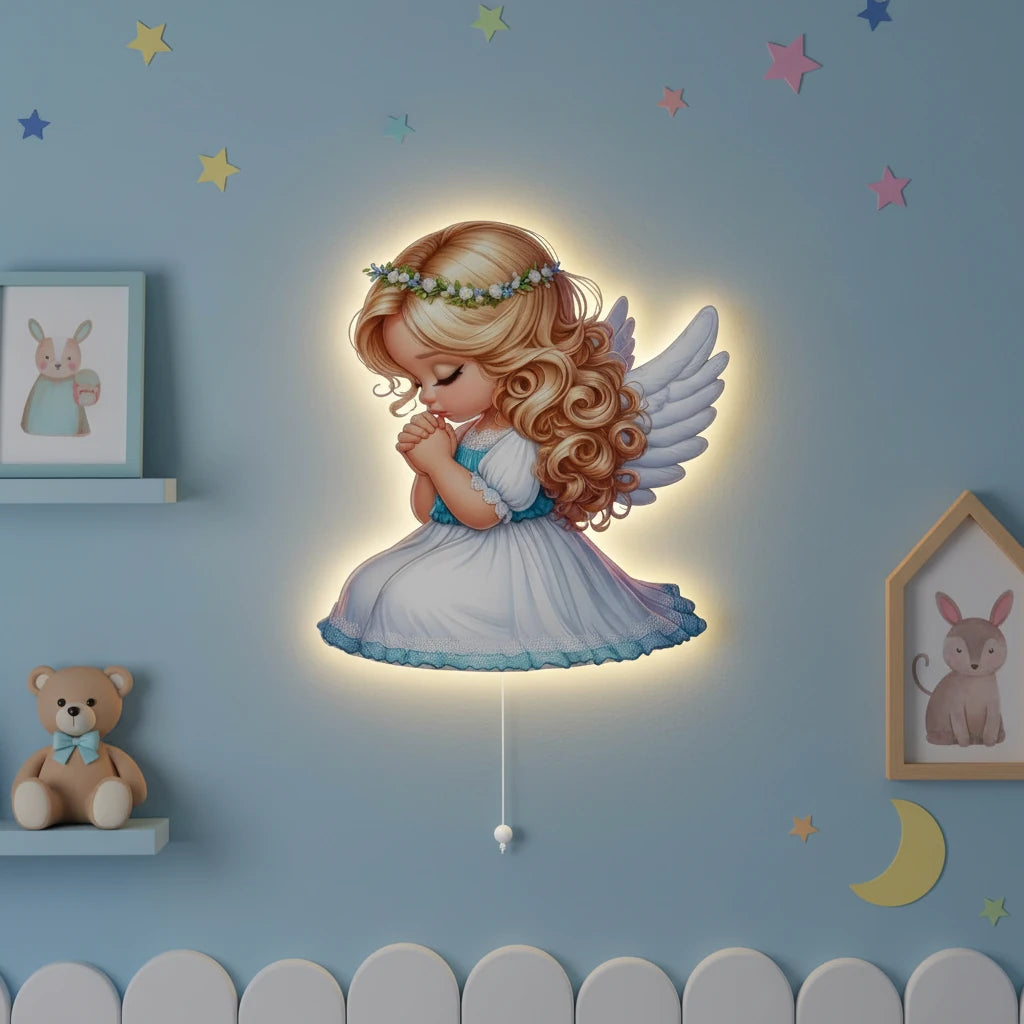 Melek Pilli Led Işıklı Ahşap Duvar Dekoru – kız çocuk elbisesi