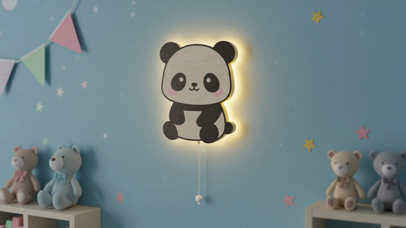 Panda Pilli Led Işıklı Ahşap Duvar Dekoru – kız çocuk elbisesi