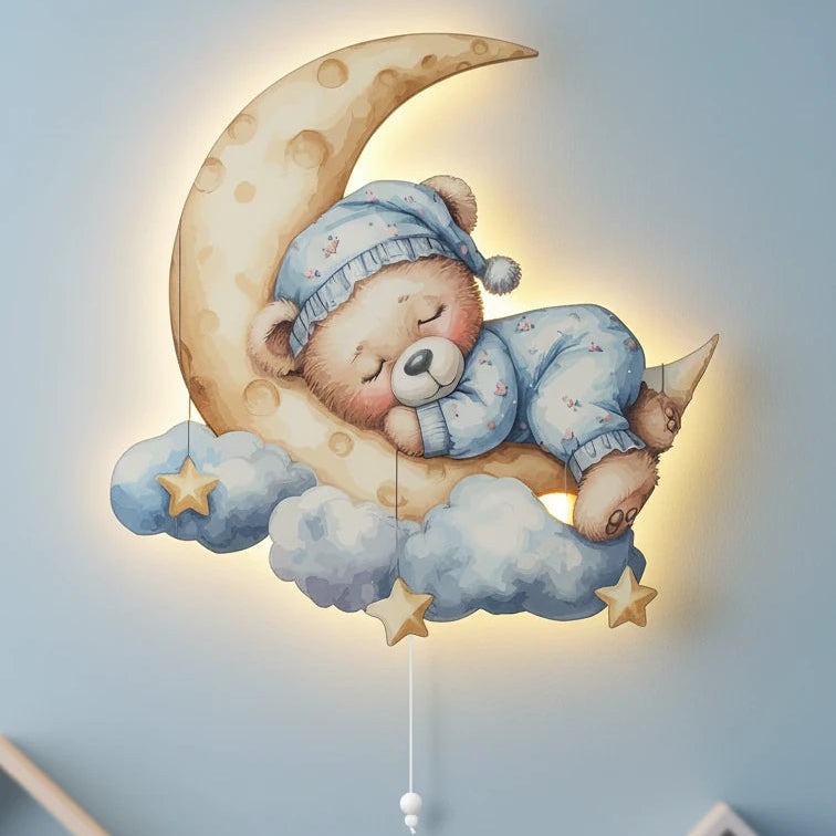 Uyuyan Ayıcık Pilli Led Işıklı Bebek Odası Ahşap Duvar Dekoru - Gece Lambası – kız çocuk elbisesi