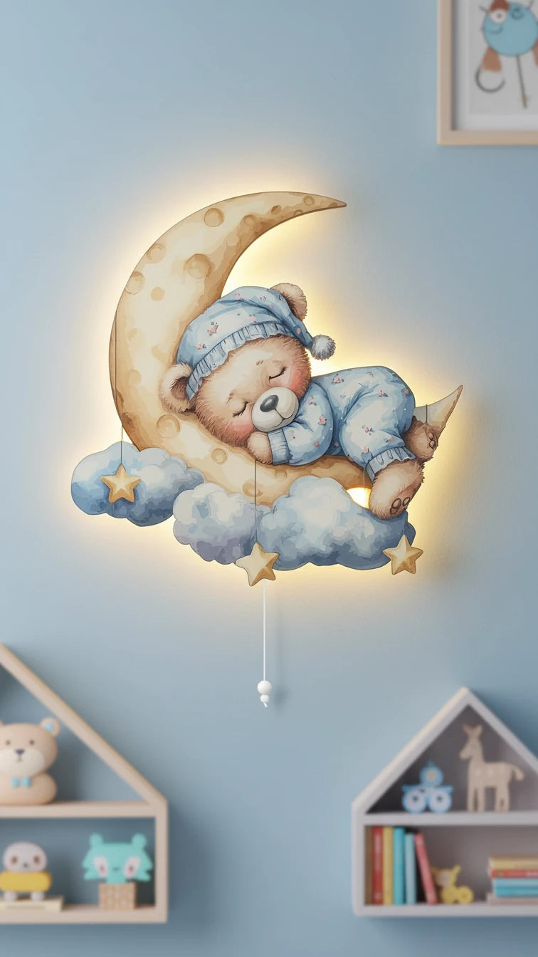 Uyuyan Ayıcık Pilli Led Işıklı Bebek Odası Ahşap Duvar Dekoru - Gece Lambası – kız çocuk elbisesi