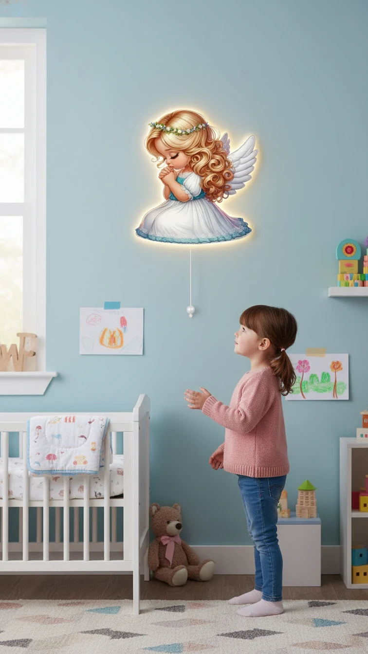 Melek Pilli Led Işıklı Ahşap Duvar Dekoru – kız çocuk elbisesi