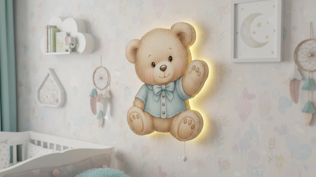 Ayıcık Tedy Bear Pilli Led Işıklı Bebek Odası Ahşap Duvar Dekoru - Gece Lambası – kız çocuk elbisesi