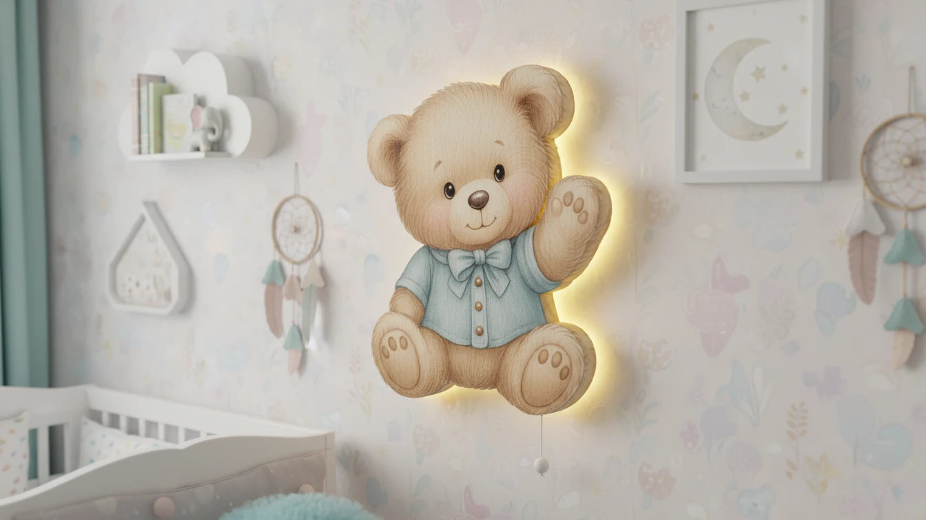 Ayıcık Tedy Bear Pilli Led Işıklı Bebek Odası Ahşap Duvar Dekoru - Gece Lambası – kız çocuk elbisesi
