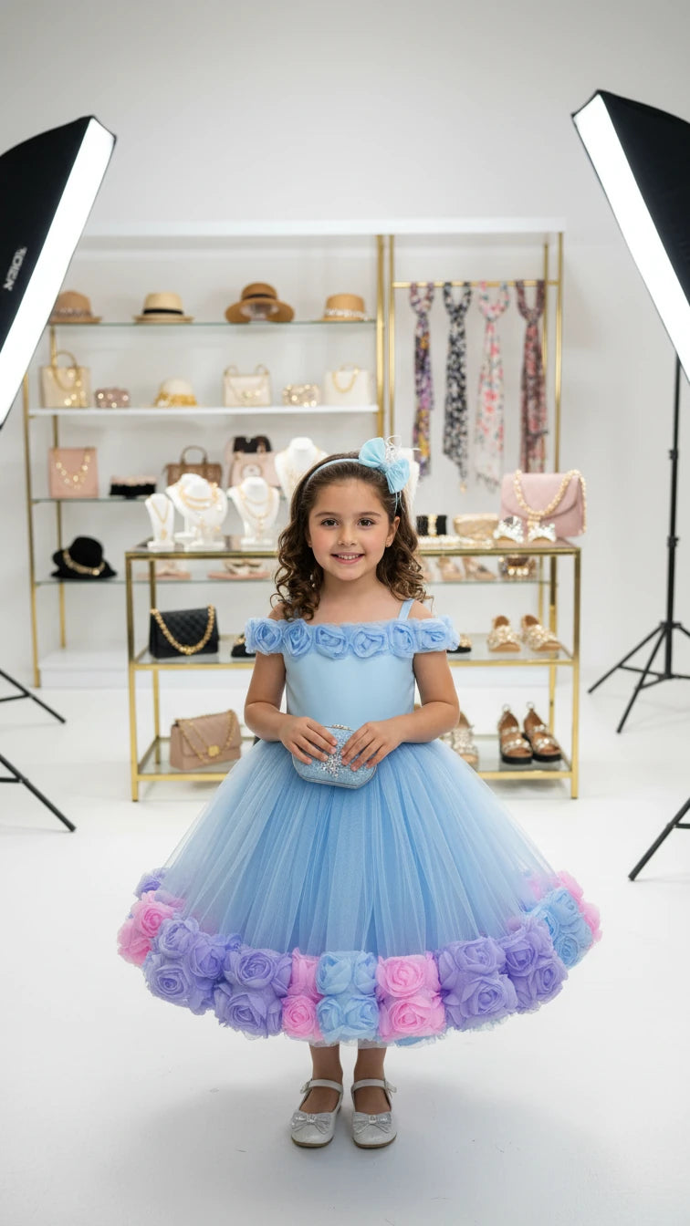 Bebe Mavi Güllü Kız Çocuk Abiye - Bebek Doğum Günü Elbisesi - ipeqakids – kız çocuk elbisesi