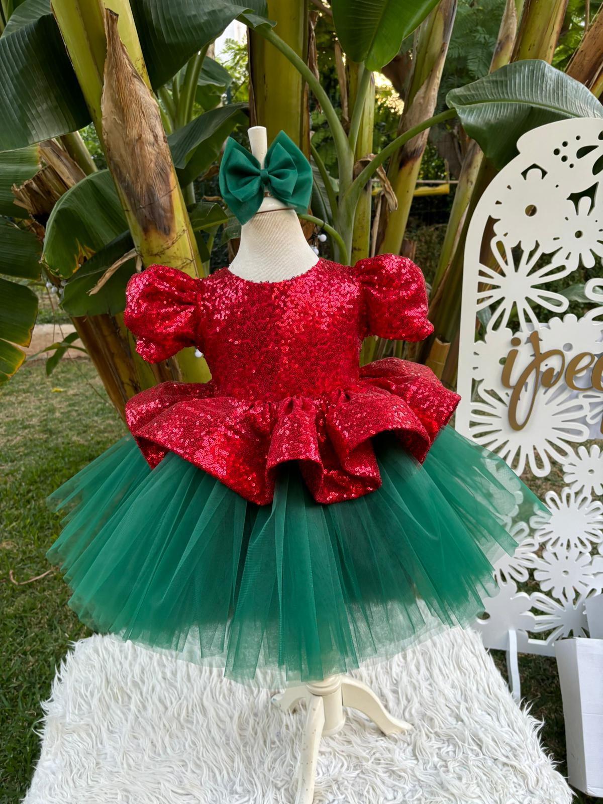 Yılbaşı Noel Kırmızı Yeşil Kız Çocuk Abiye - Bebek Doğum Günü Elbisesi - ipeqakids – kız çocuk elbisesi