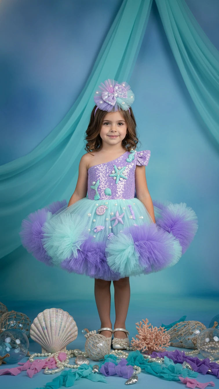 Deniz kızı Temalı Yeşil Lila Doğumgünü Parti Elbisesi - Bebek Parti Kostümü - ipeqakids – kız çocuk elbisesi