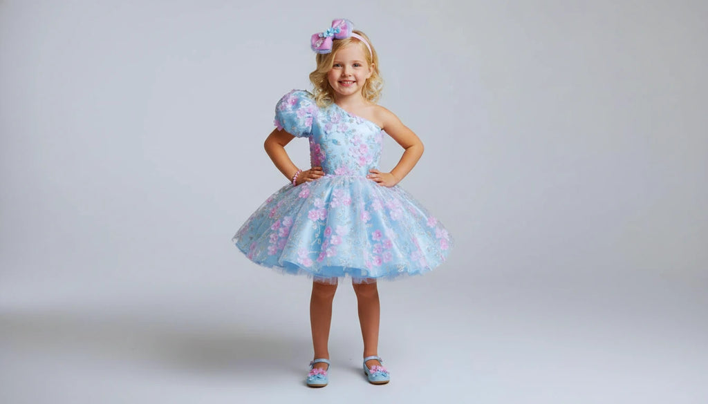 Bebe Mavi Çiçekli Tek Kol Kız Çocuk Abiye - Bebek Doğum Günü Elbisesi - ipeqakids – kız çocuk elbisesi