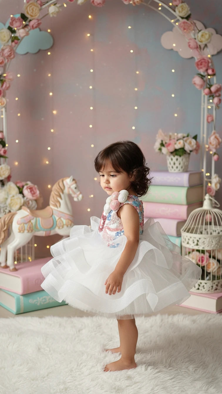 Beyaz Somon Ponponlu Kız Çocuk Abiye - Bebek Parti Kostümü - ipeqakids – kız çocuk elbisesi