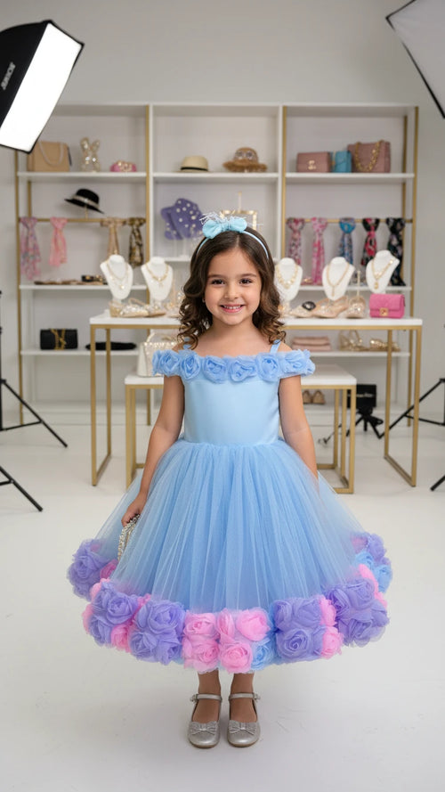 Bebe Mavi Güllü Kız Çocuk Abiye - Bebek Doğum Günü Elbisesi - ipeqakids – kız çocuk elbisesi