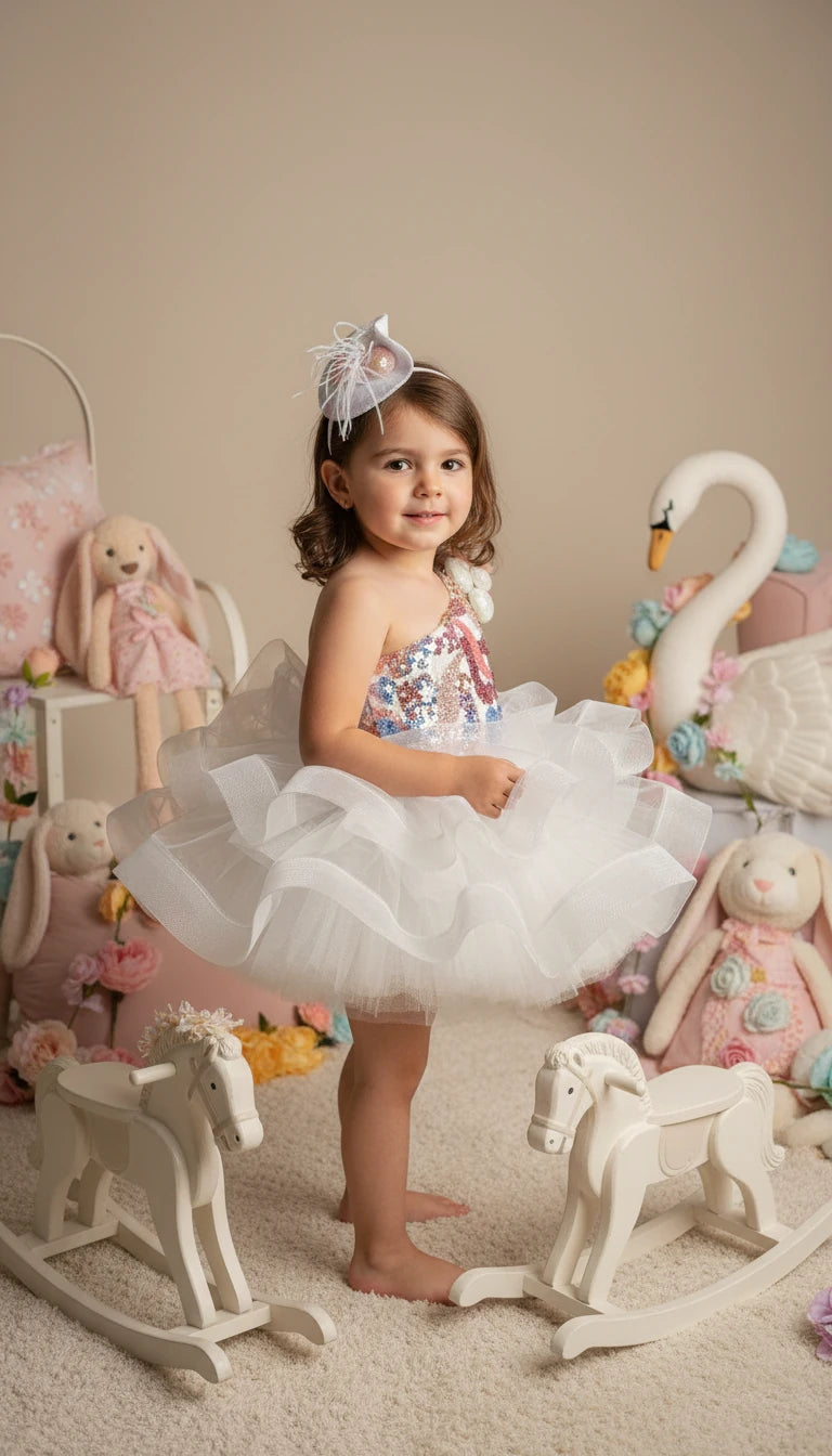 Beyaz Somon Ponponlu Kız Çocuk Abiye - Bebek Parti Kostümü - ipeqakids – kız çocuk elbisesi