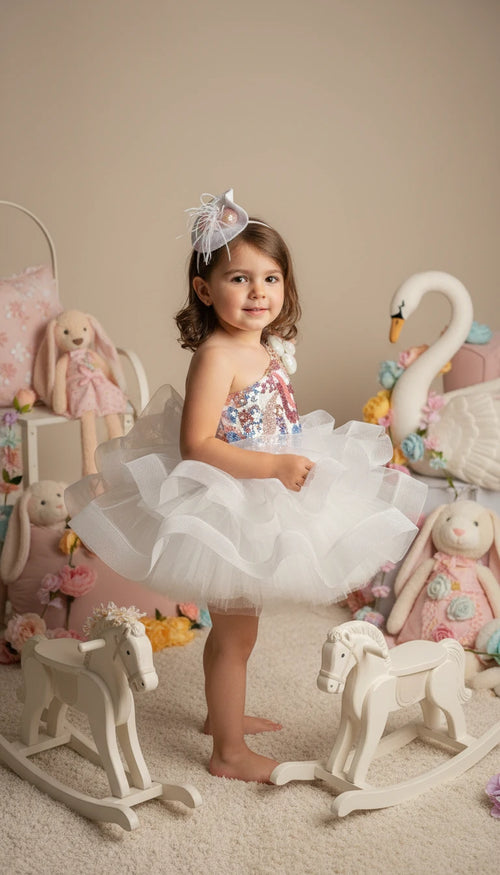Beyaz Somon Ponponlu Kız Çocuk Abiye - Bebek Parti Kostümü - ipeqakids – kız çocuk elbisesi