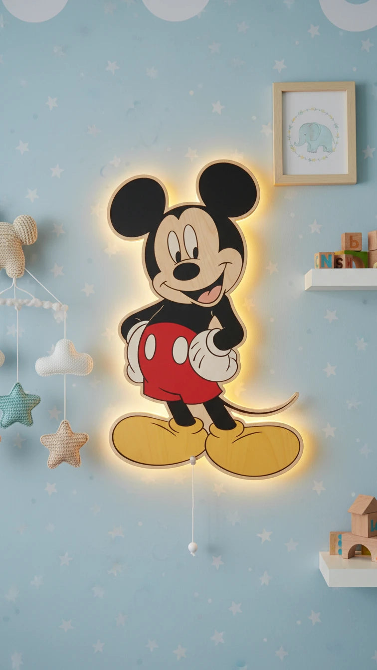 Mickey Mouse Pilli Led Işıklı Bebek Odası Ahşap Duvar Dekoru - Gece Lambası – kız çocuk elbisesi