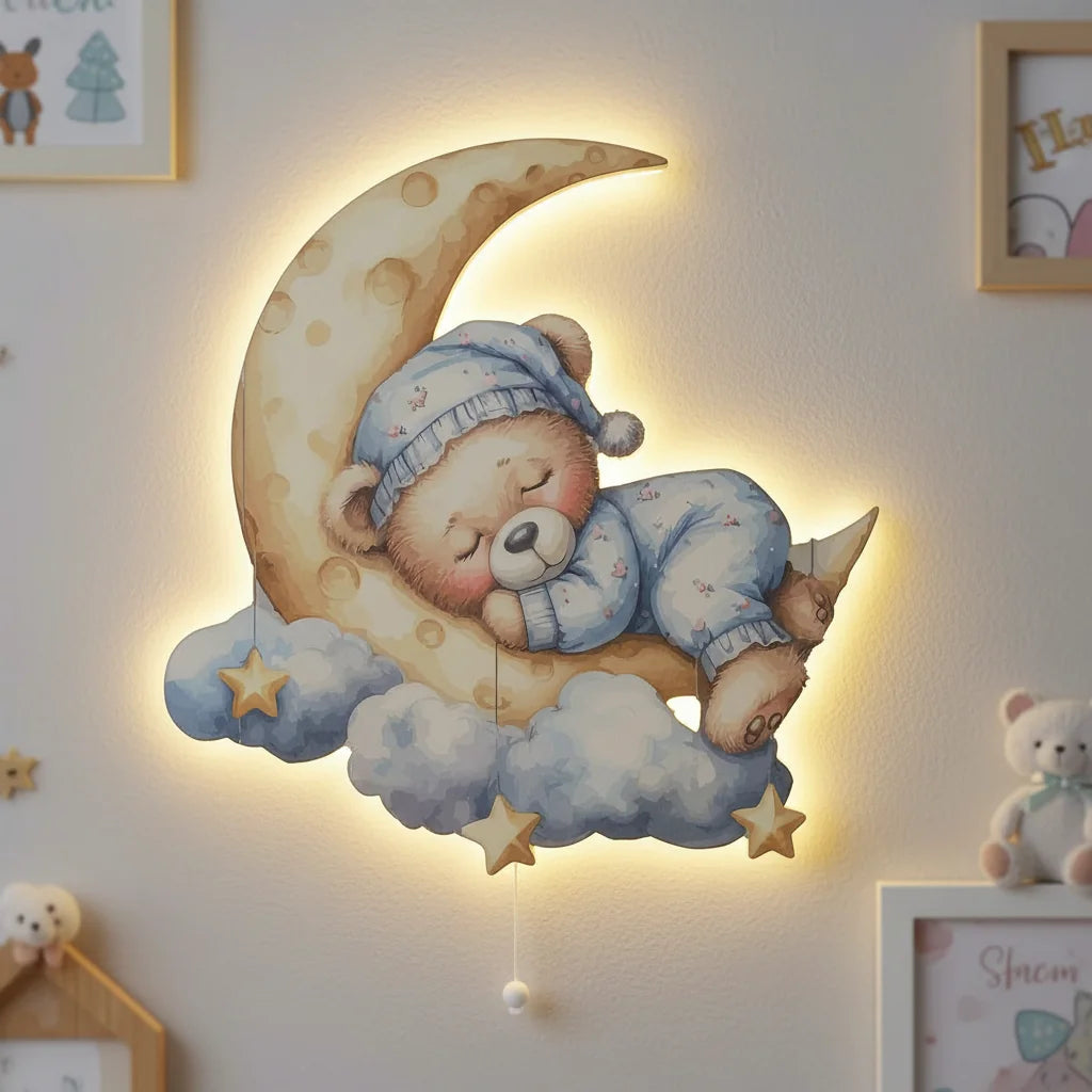 Uyuyan Ayıcık Pilli Led Işıklı Bebek Odası Ahşap Duvar Dekoru - Gece Lambası – kız çocuk elbisesi