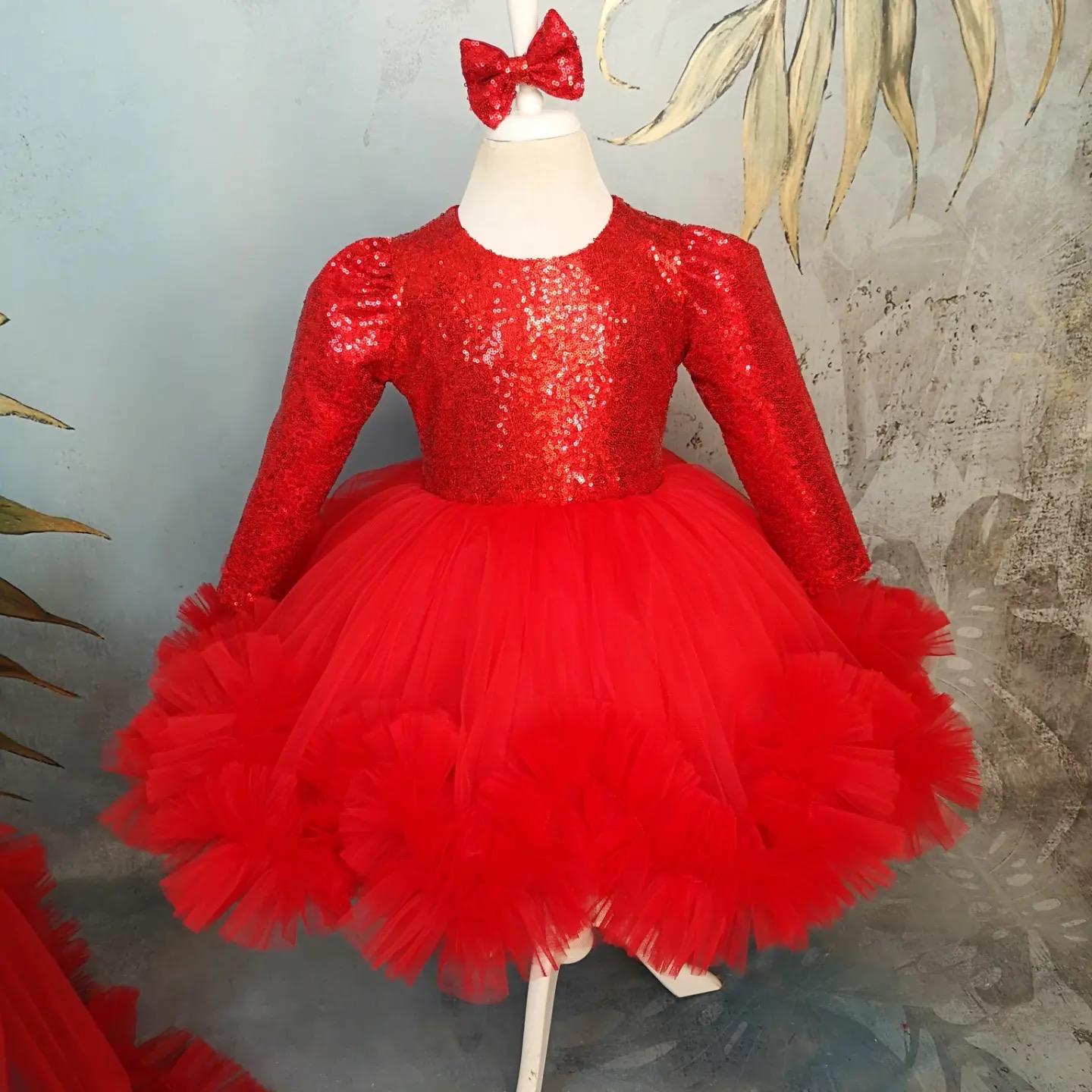 Kırmızı Payetli Uzun Kollu Yılbaşı - Kız Çocuk Abiye - Bebek Doğum Günü Elbisesi - ipeqakids – kız çocuk elbisesi