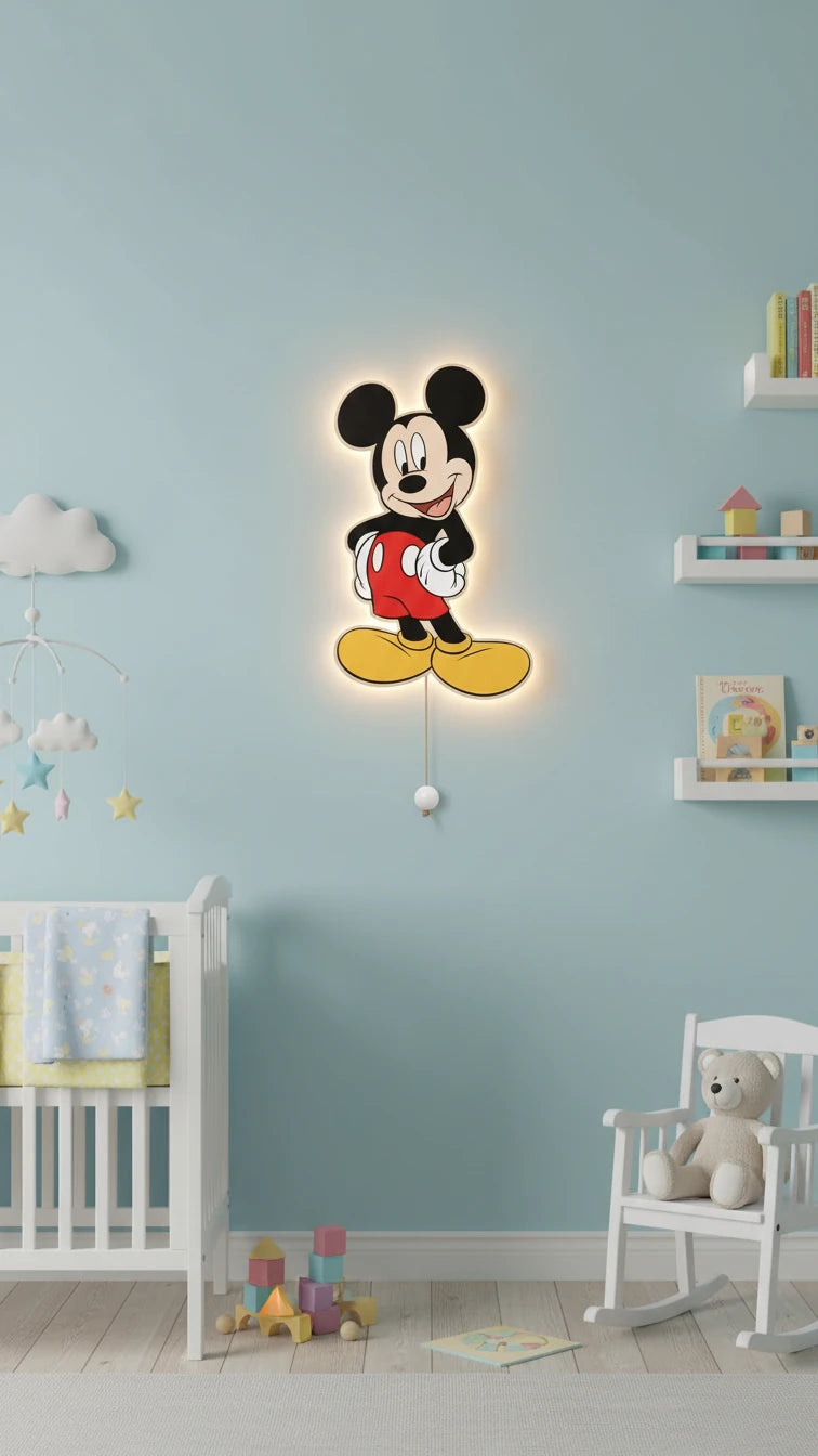 Mickey Mouse Pilli Led Işıklı Bebek Odası Ahşap Duvar Dekoru - Gece Lambası – kız çocuk elbisesi
