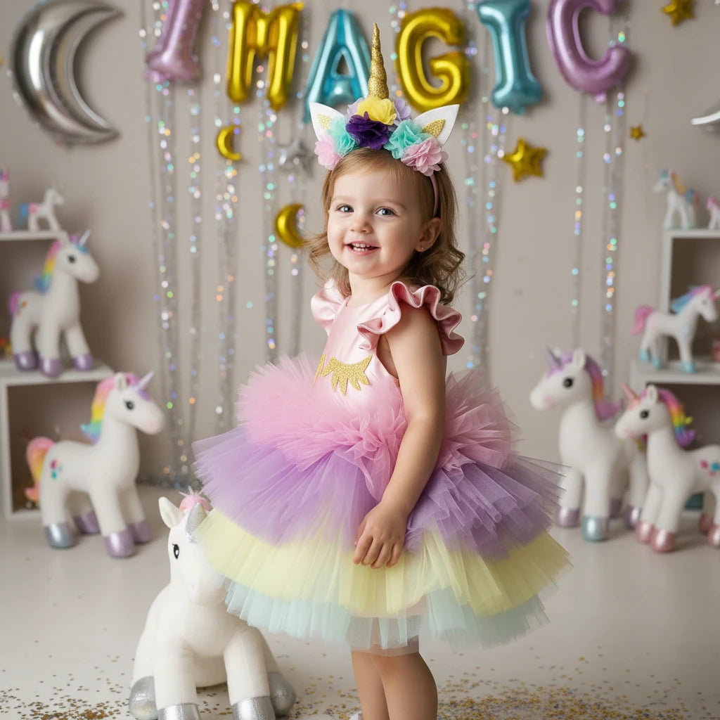 Kısa Unicorn Elbise - Kız Çocuk Abiye - Bebek Doğum Günü Elbisesi - ipeqakids – kız çocuk elbisesi