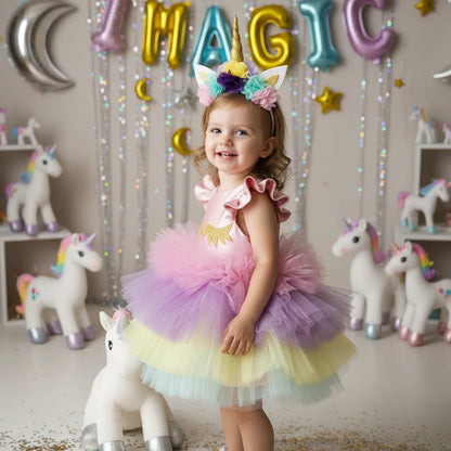 Kısa Unicorn Elbise - Kız Çocuk Abiye - Bebek Doğum Günü Elbisesi - ipeqakids – kız çocuk elbisesi