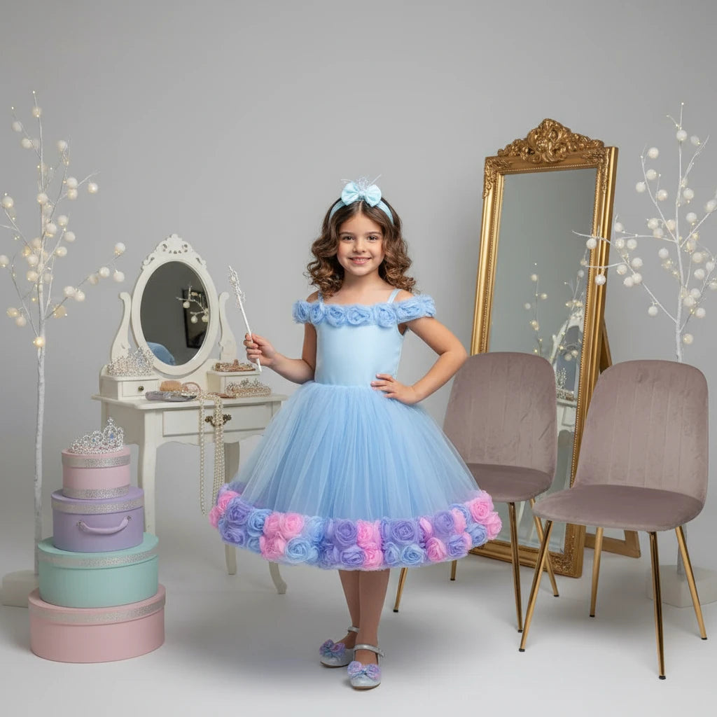 Bebe Mavi Güllü Kız Çocuk Abiye - Bebek Doğum Günü Elbisesi - ipeqakids – kız çocuk elbisesi