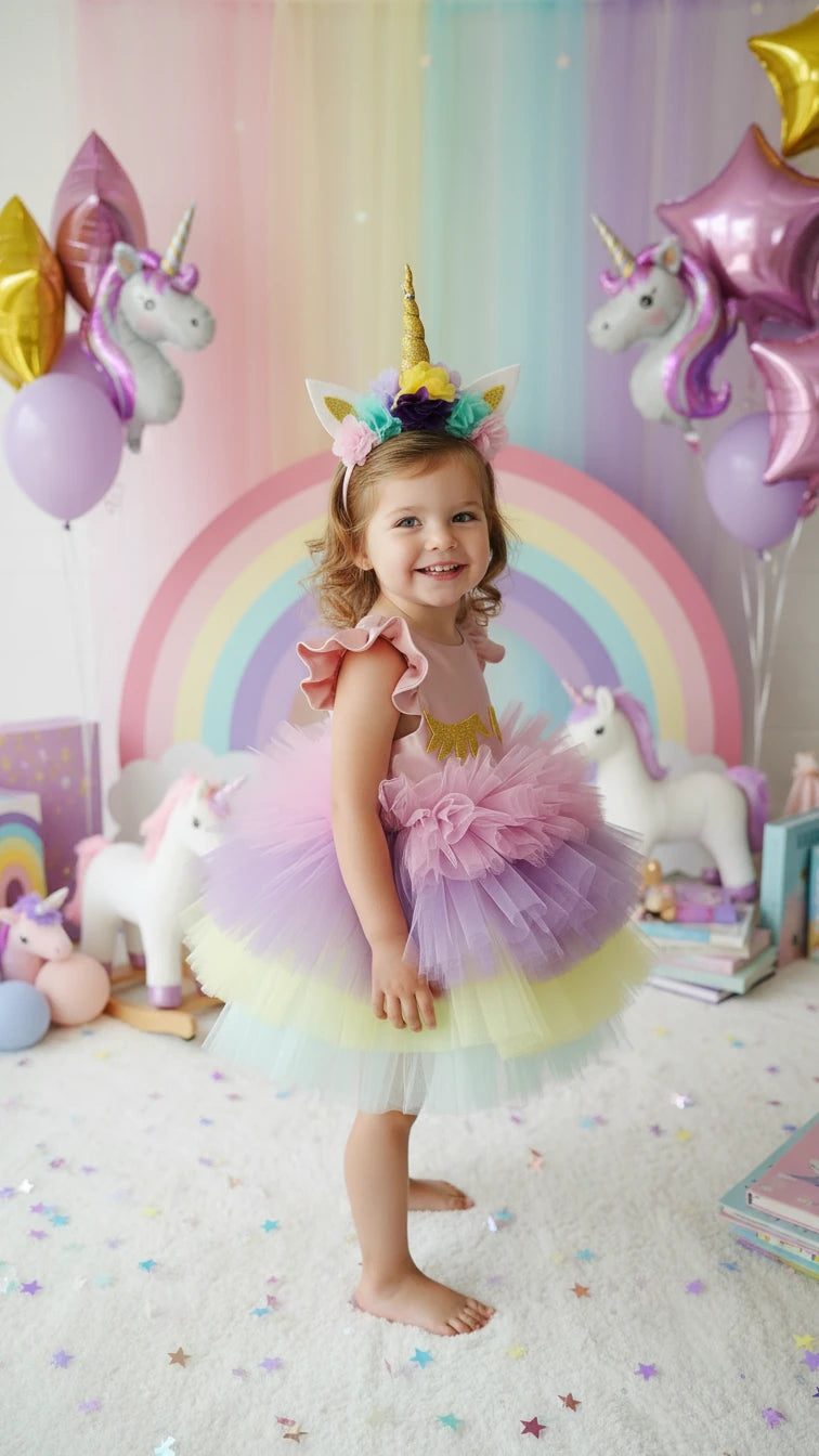 Kısa Unicorn Elbise - Kız Çocuk Abiye - Bebek Doğum Günü Elbisesi - ipeqakids – kız çocuk elbisesi