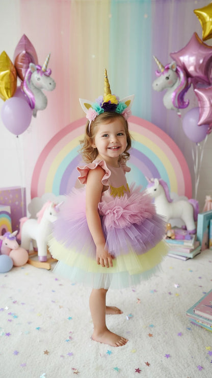 Kısa Unicorn Elbise - Kız Çocuk Abiye - Bebek Doğum Günü Elbisesi - ipeqakids – kız çocuk elbisesi
