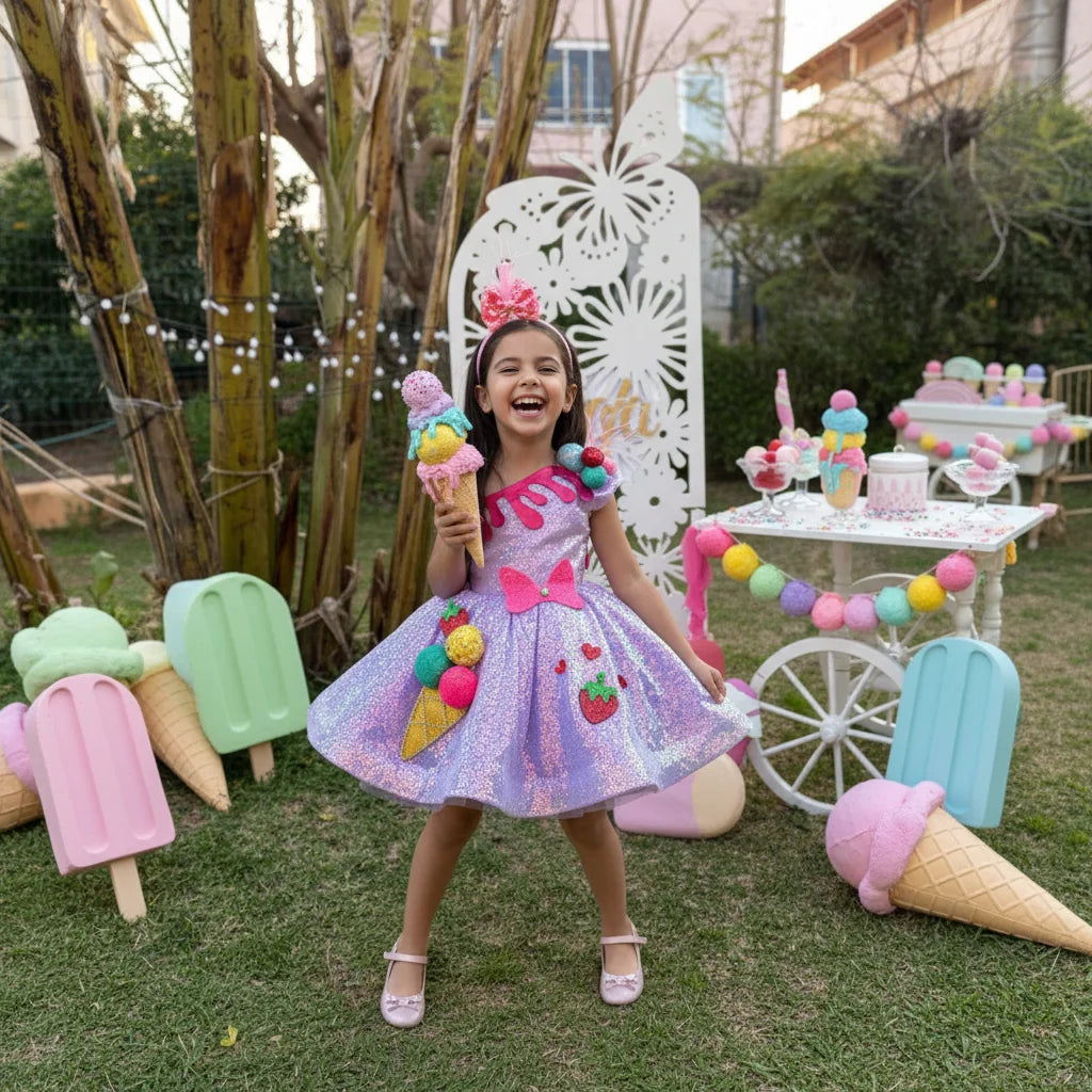 Dondurma Çilek Temalı Kız Çocuk Abiye - Bebek Parti Kostümü - ipeqakids – kız çocuk elbisesi