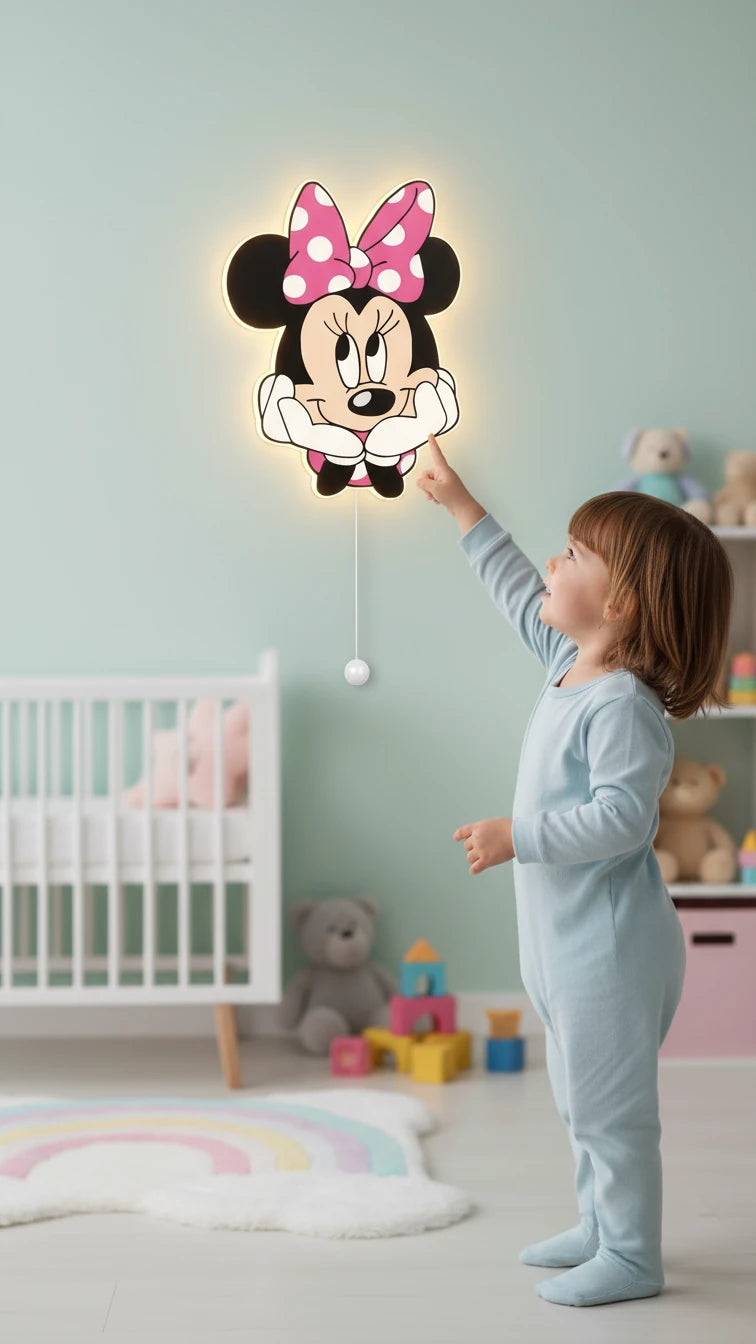 Minnie Mouse Pilli Led Işıklı Bebek Odası Ahşap Duvar Dekoru - Gece Lambası – kız çocuk elbisesi