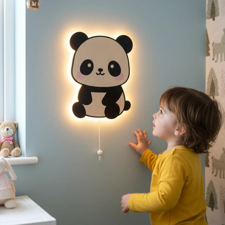 Panda Pilli Led Işıklı Ahşap Duvar Dekoru – kız çocuk elbisesi