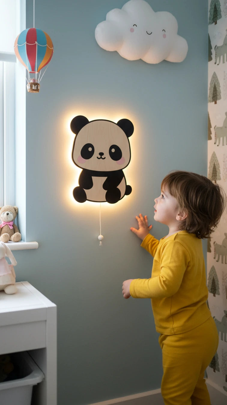 Panda Pilli Led Işıklı Ahşap Duvar Dekoru – kız çocuk elbisesi