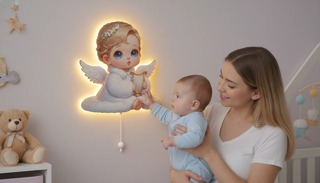 Bebek Melek Pilli Led Işıklı Bebek Odası Ahşap Duvar Dekoru - Gece Lambası – kız çocuk elbisesi