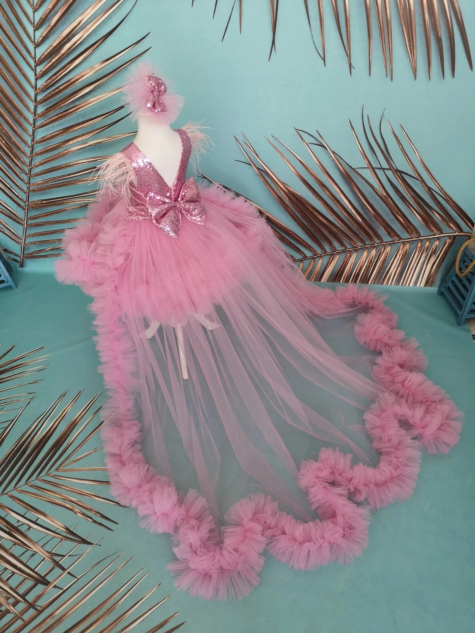 Pembe Kız Çocuk Abiye - Bebek Parti Elbisesi - Kuyruk Seçeneği – kız çocuk elbisesi