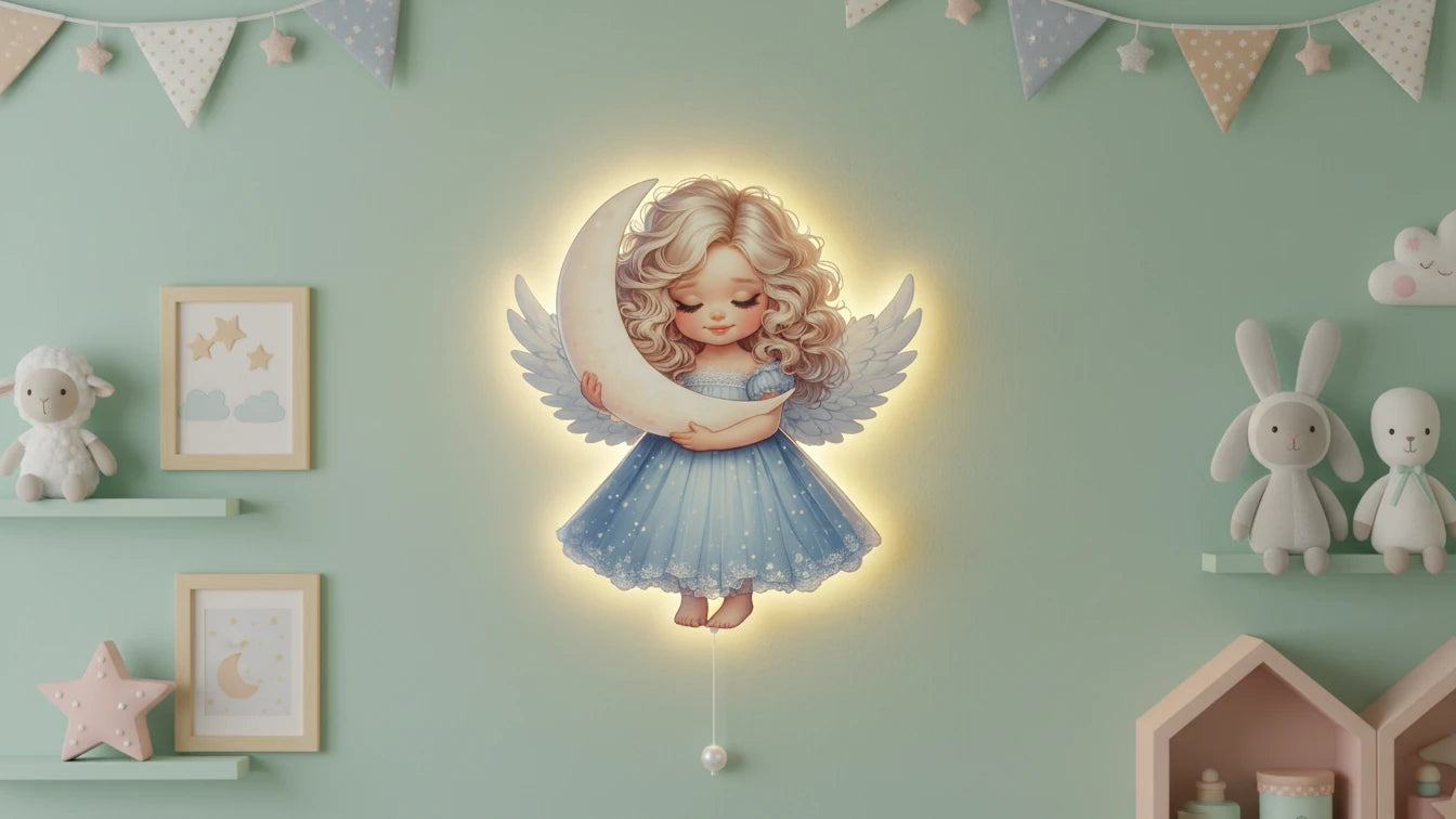 Melek Pilli Led Işıklı Ahşap Duvar Dekoru – kız çocuk elbisesi