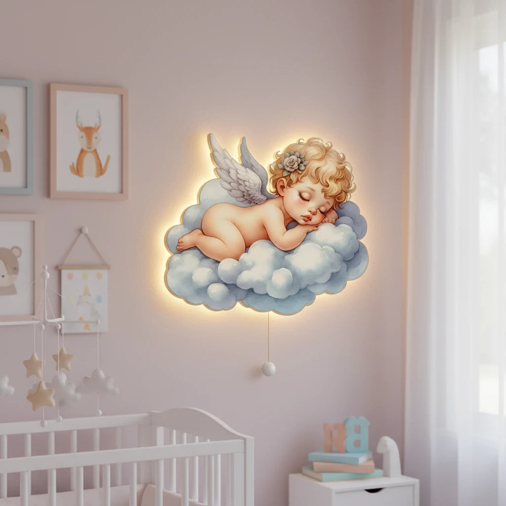 Bebek Melek Pilli Led Işıklı Ahşap Duvar Dekoru – kız çocuk elbisesi