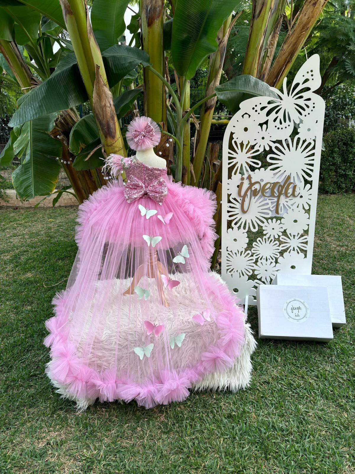 Pembe Kelebekli Gipürlü Kız Çocuk Abiye - Bebek Parti Kostümü - ipeqakids – kız çocuk elbisesi