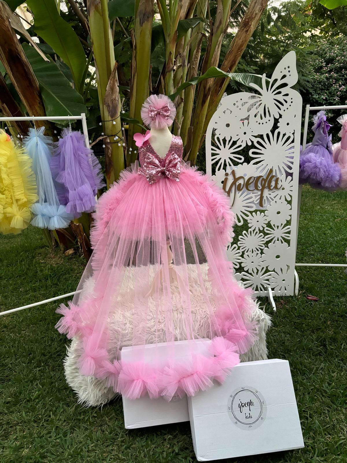 Pembe Kelebekli Kız Çocuk Abiye - Bebek Doğum Günü Elbisesi - ipeqakids – kız çocuk elbisesi