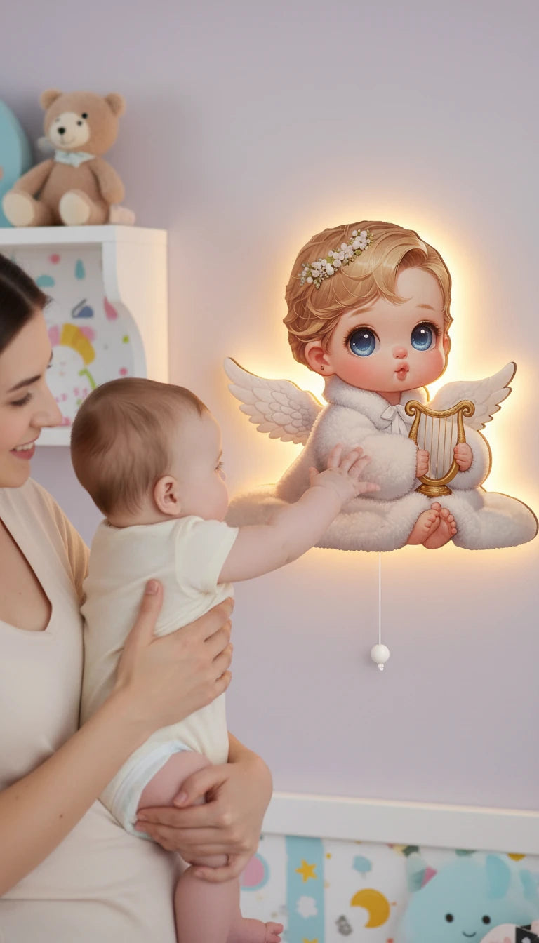 Bebek Melek Pilli Led Işıklı Bebek Odası Ahşap Duvar Dekoru - Gece Lambası – kız çocuk elbisesi