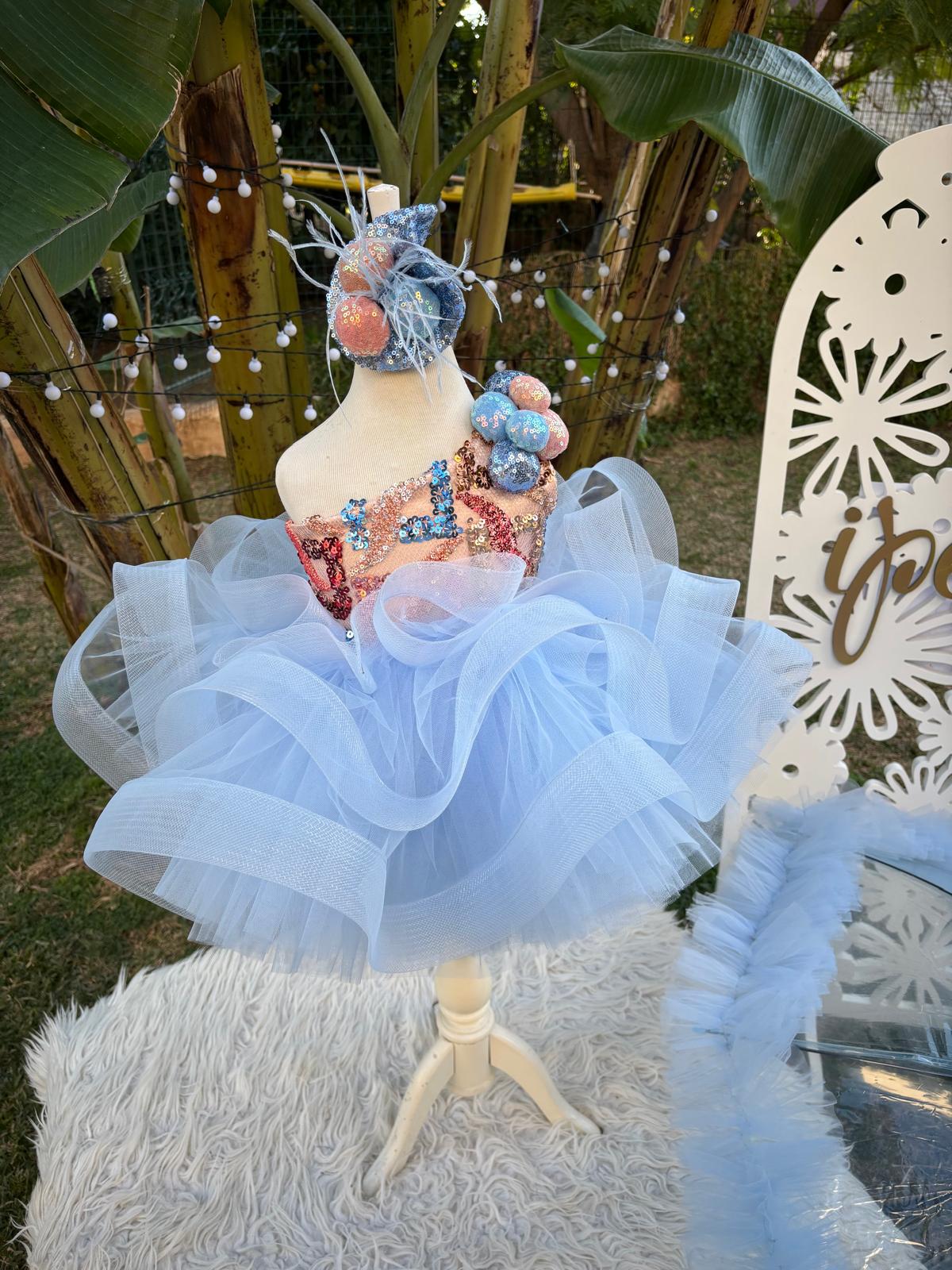 Mavi Somon Ponponlu Kız Çocuk Abiye - Bebek Parti Kostümü - ipeqakids – kız çocuk elbisesi