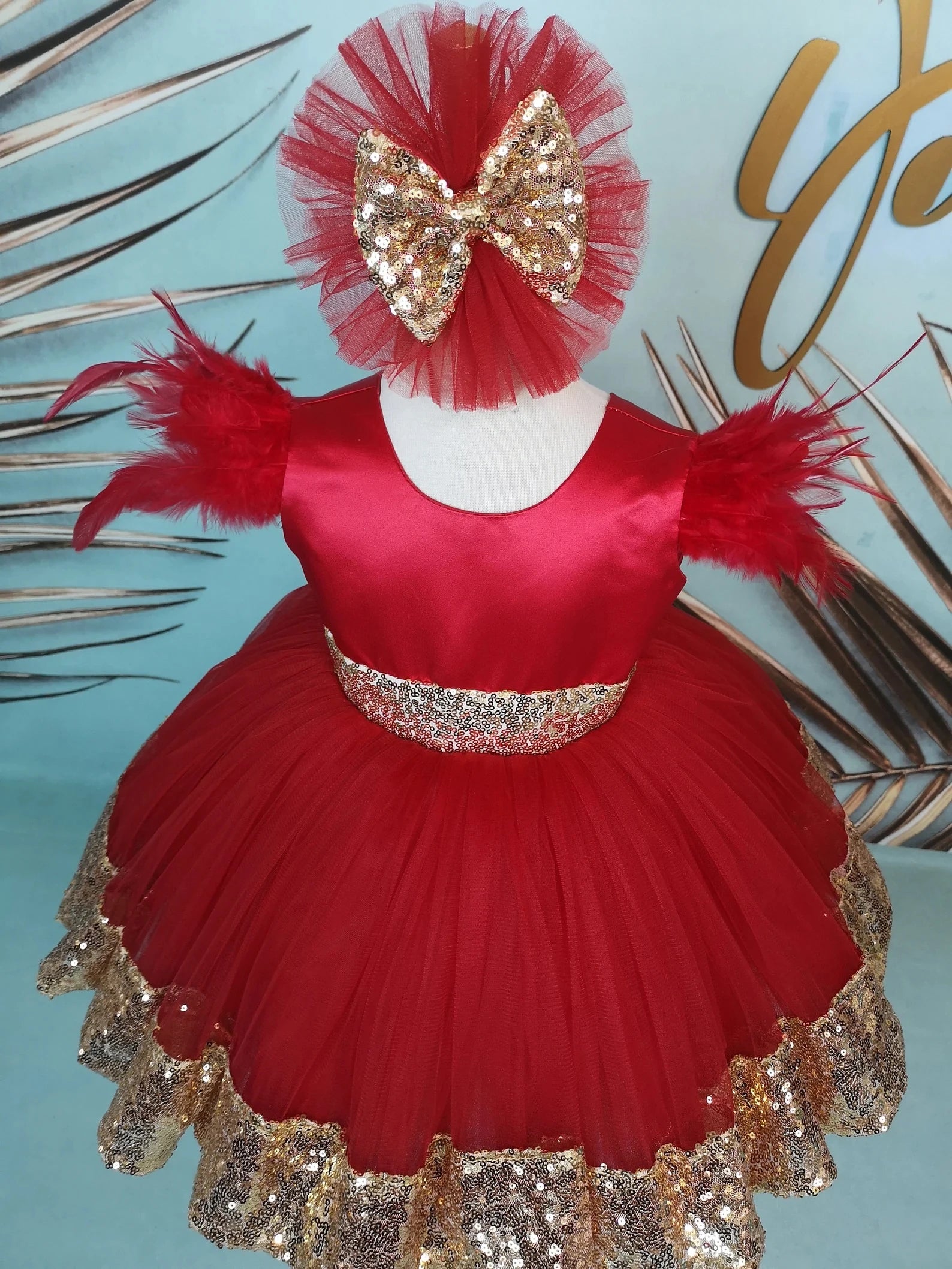 Kırmızı ve Altın Kız Çocuk Abiye - Bebek Parti Elbisesi - ipeqakids – kız çocuk elbisesi