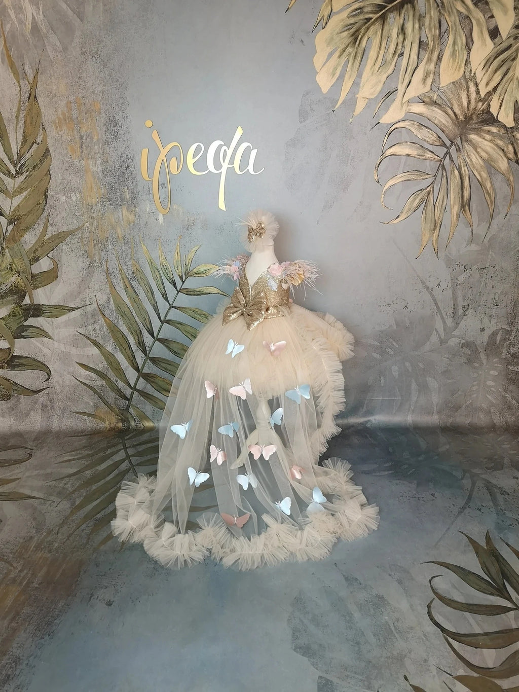 Bej Rengi Kelebekli Güpürlü Kız Çocuk Abiye - Bebek Parti Kostümü - ipeqakids – kız çocuk elbisesi