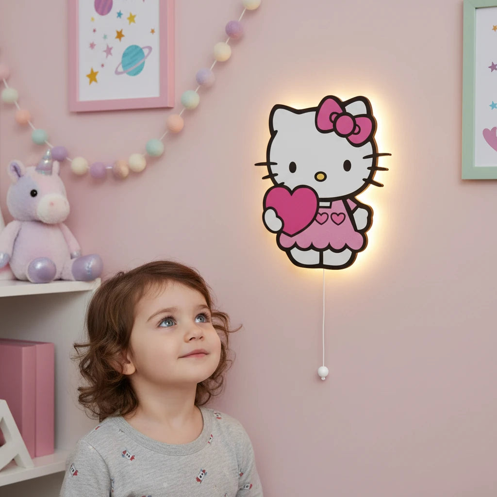 Hello Kitty Pilli Led Işıklı Bebek Odası Ahşap Duvar Dekoru - Gece Lambası – kız çocuk elbisesi
