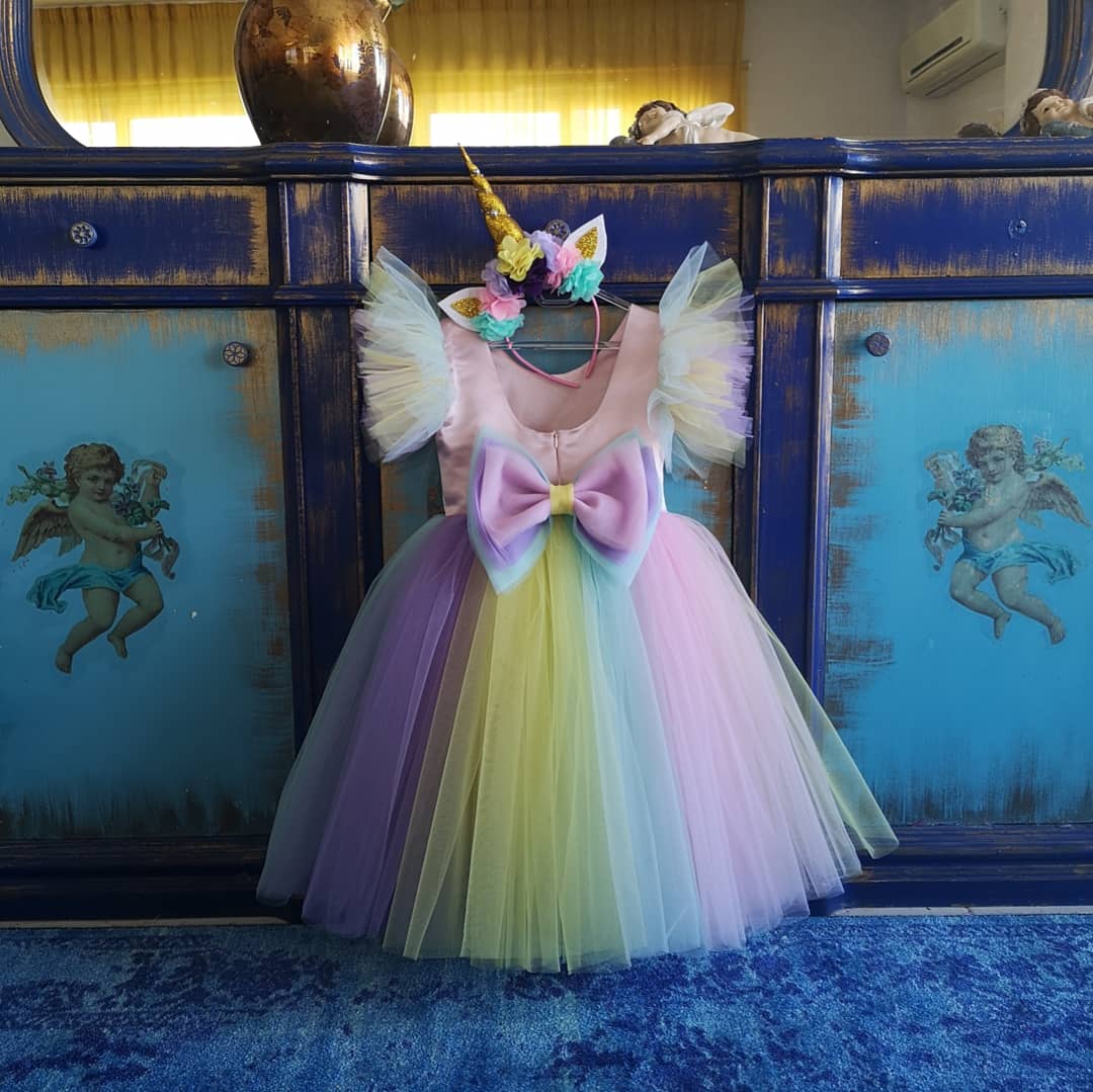 Unicorn Elbise - Kız Çocuk Abiye - Bebek Doğum Günü Elbisesi - ipeqakids – kız çocuk elbisesi