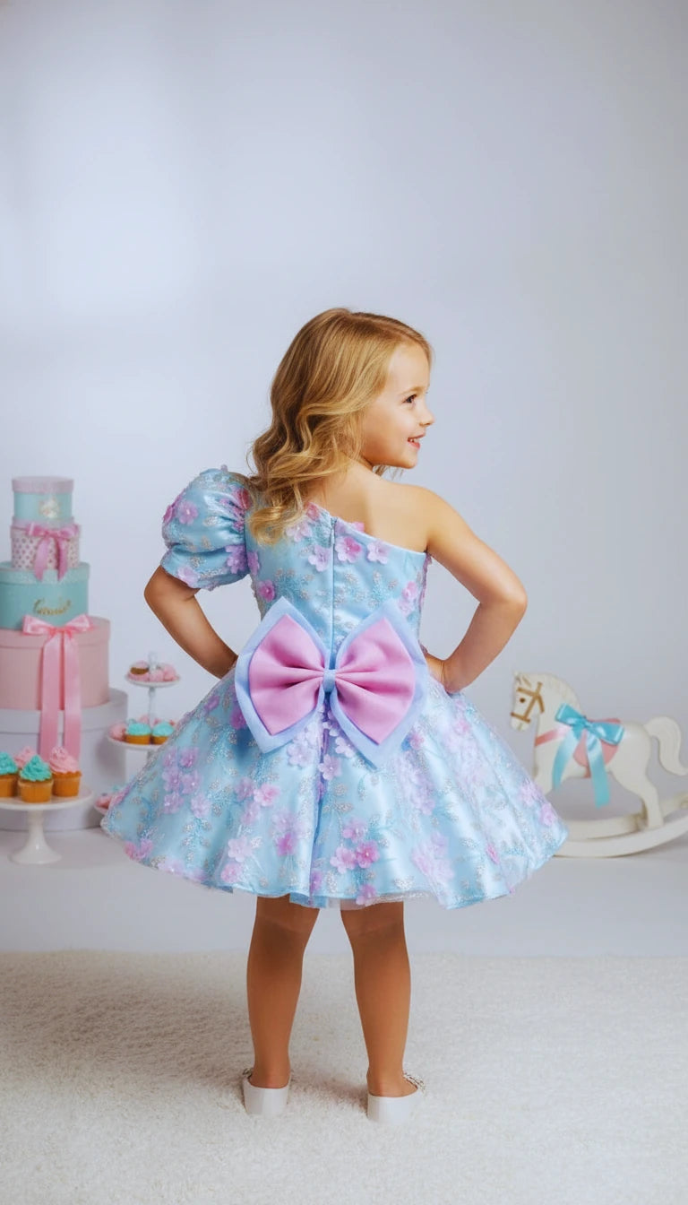 Bebe Mavi Çiçekli Tek Kol Kız Çocuk Abiye - Bebek Doğum Günü Elbisesi - ipeqakids – kız çocuk elbisesi