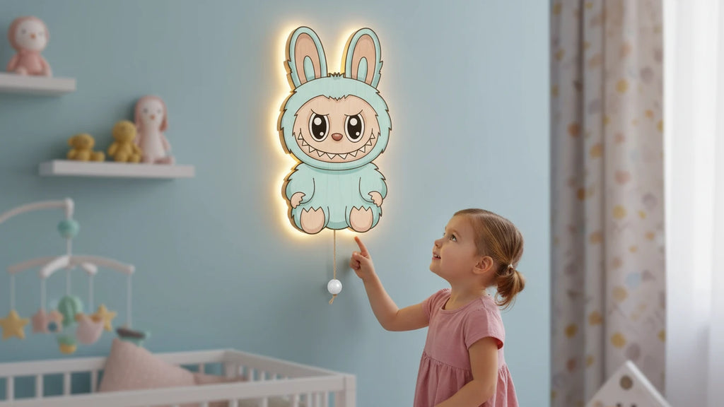Labubu Pilli Led Işıklı 1 Adet Bebek Odası Ahşap Duvar Dekoru - Gece Lambası – kız çocuk elbisesi